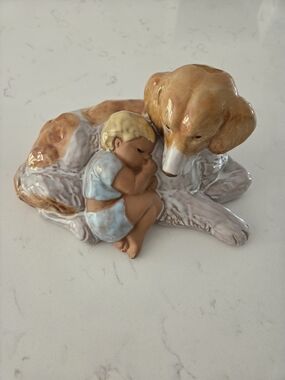 Porcelain Figurine of Sleeping Child with Dog - Brown & Blue JIE, Gantofta